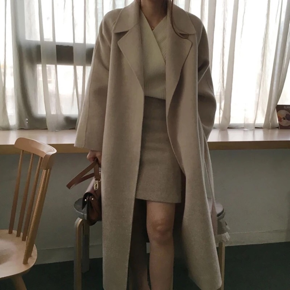 Wool coat long Heather apricot khaki womens winter outerwear - Picture 6 of 8